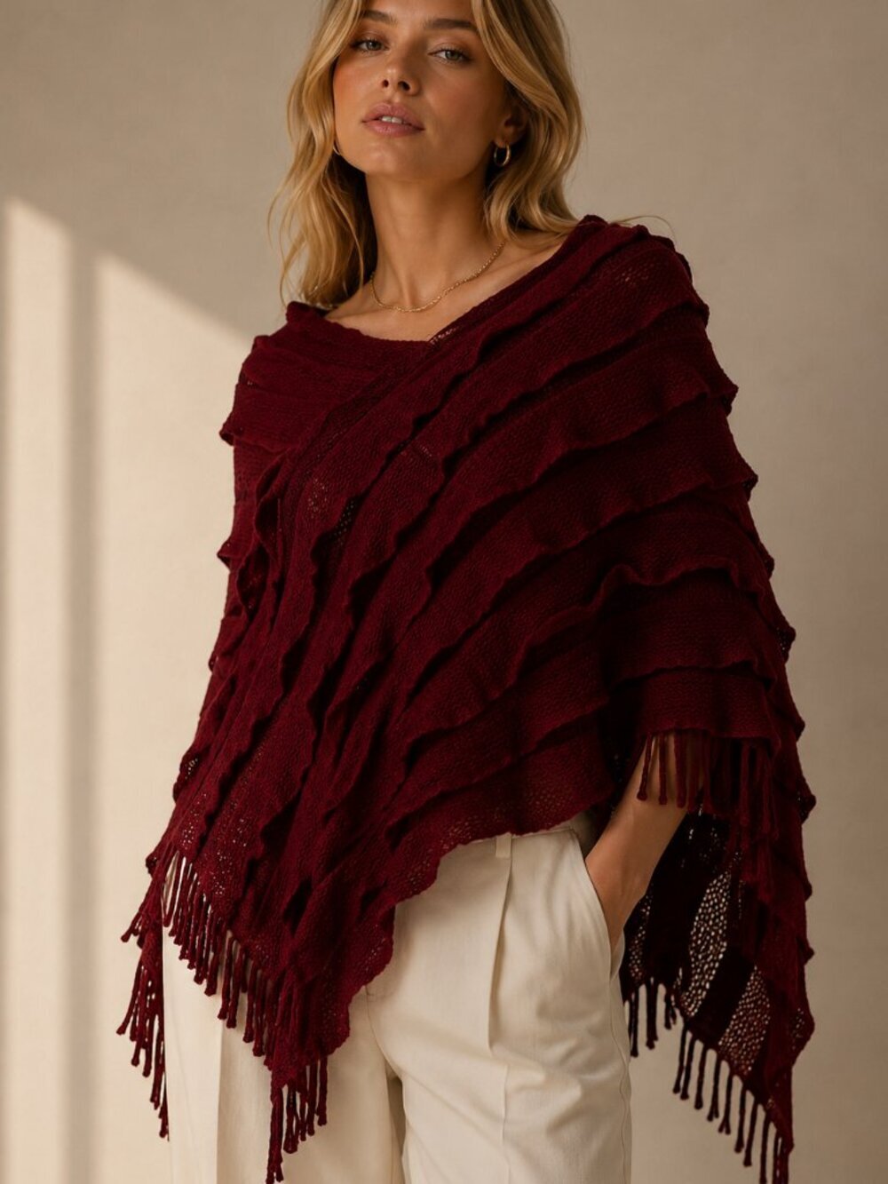 Charlotte Daniel Burgundy Ruffle Fringe Knit Poncho Wrap Boho One Size